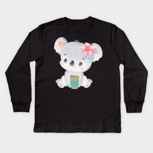 Cute Koala Drinking Coffee Koala Drinks Coffee First Sleepy cat I need coffee addict Kids Long Sleeve T-Shirt